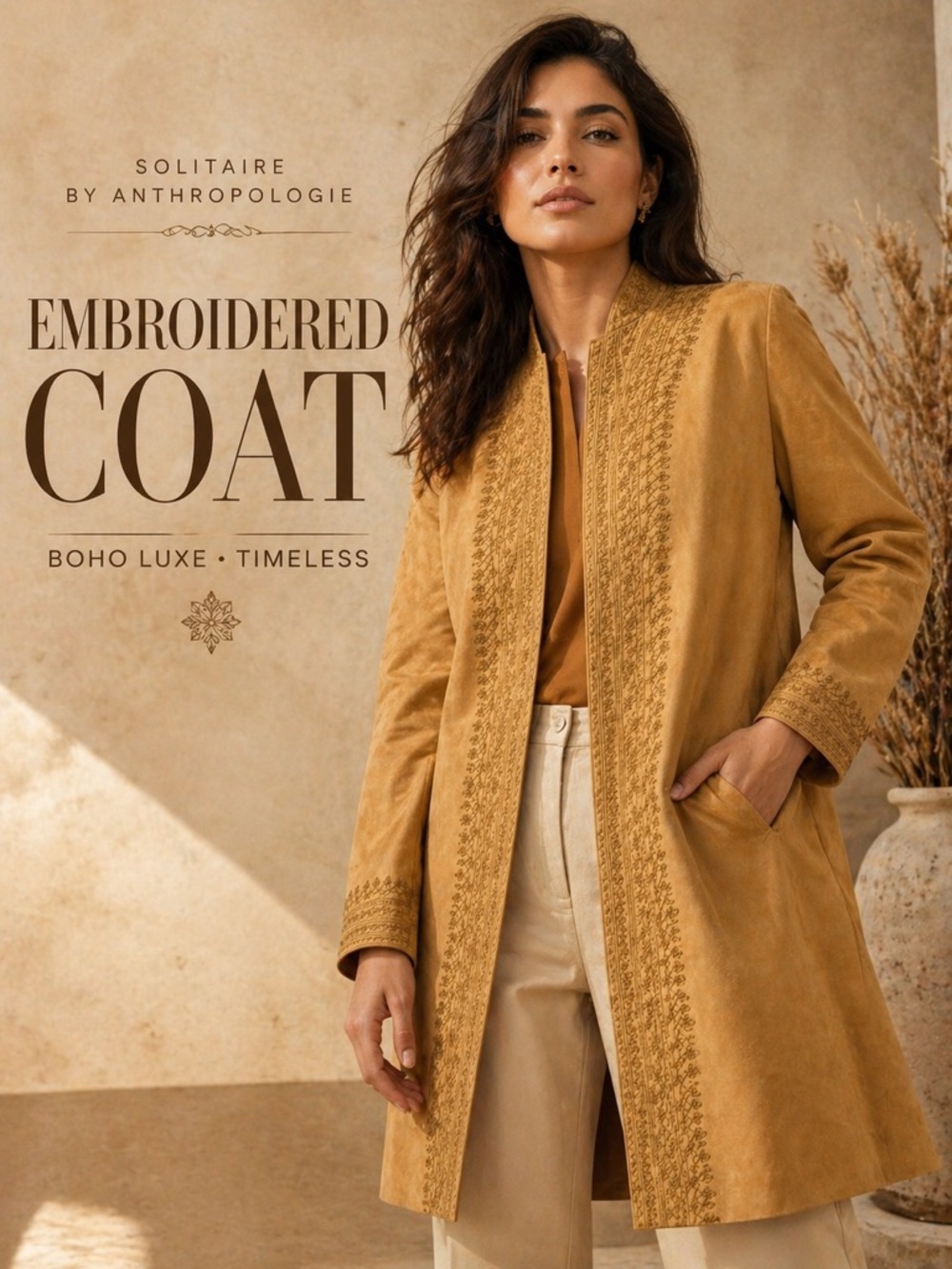 Anthro Solitaire Embroidered Faux Suede Duster Jacket Boho Long Coat M Camel
